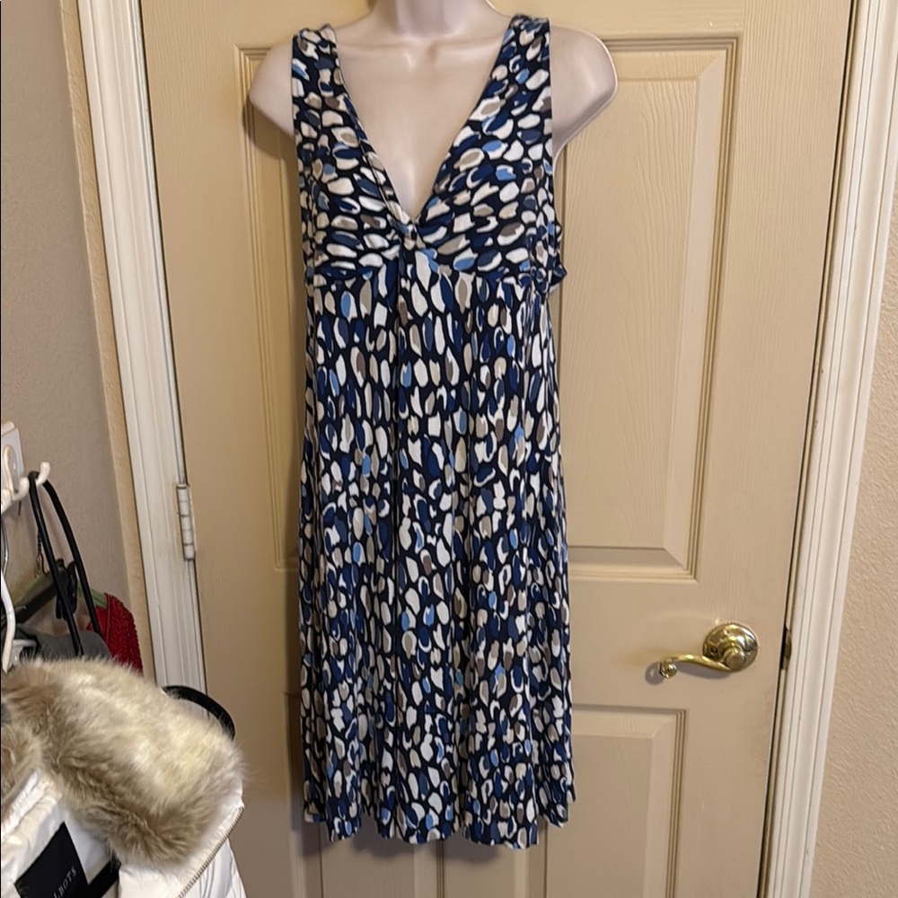 New York & Company Ruched Blue and White Midi Sundress